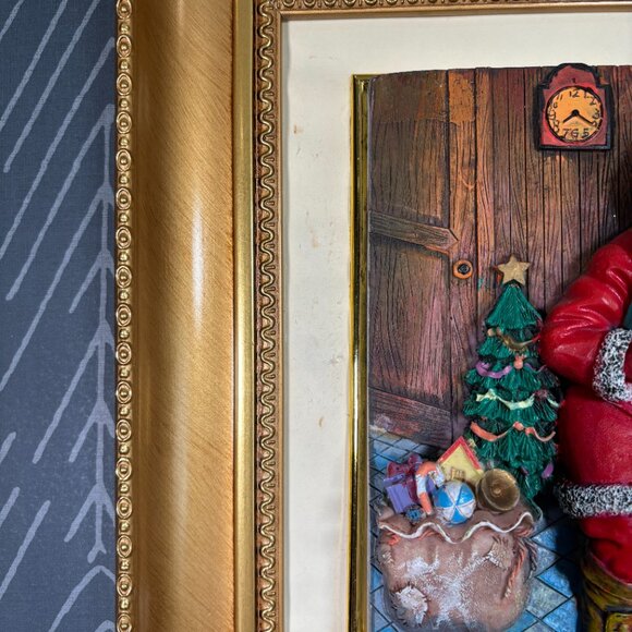 Vintage 3D Santa by Chimney Framed Christmas Decor Textured Relief Wall Art - Picture 8 of 13